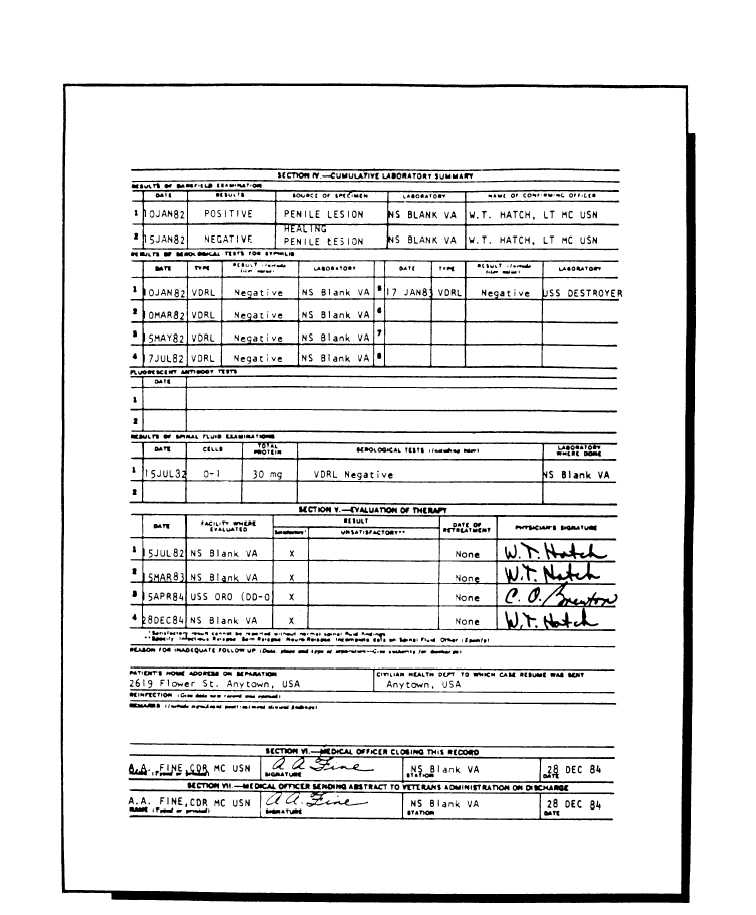 Standard Form 602, Syphilis Record (Back)