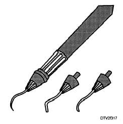 Figure 3-17. - Sonic scaler handpiece and tips. Left to right: Universal, Perio, and Sickle tip